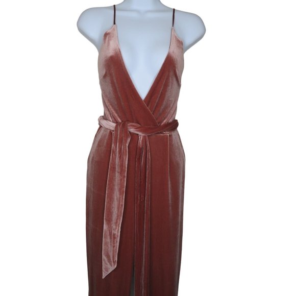 Vintage EXPRESS Velour Jumpsuit XS Pink Deep V Strappy Belted Pockets Back Zip - Picture 2 of 10